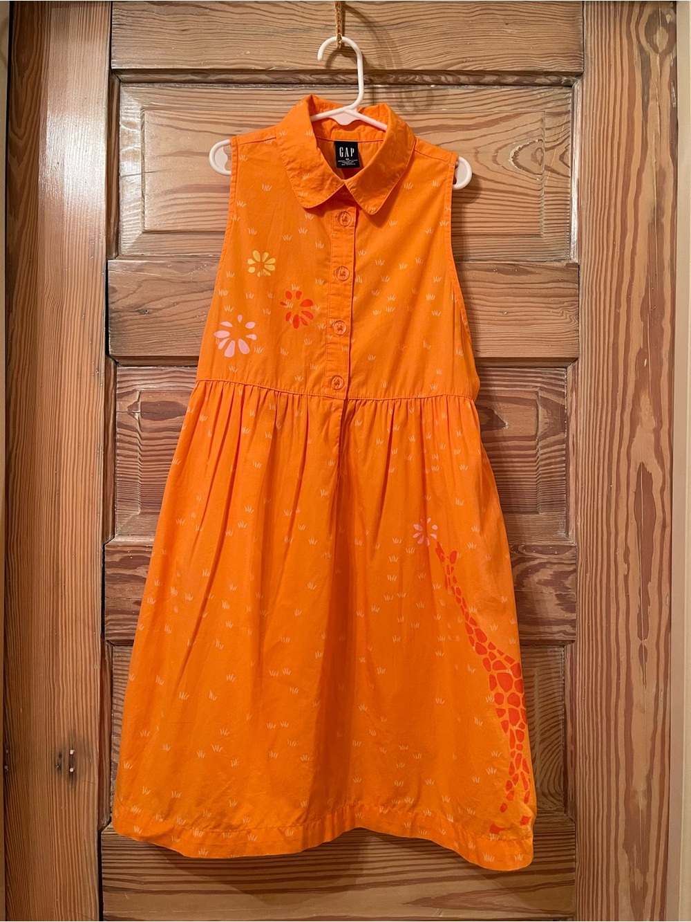 GAP Girls' Bright Orange Sleeveless Collared Dress Floral Giraffe Print M (8)